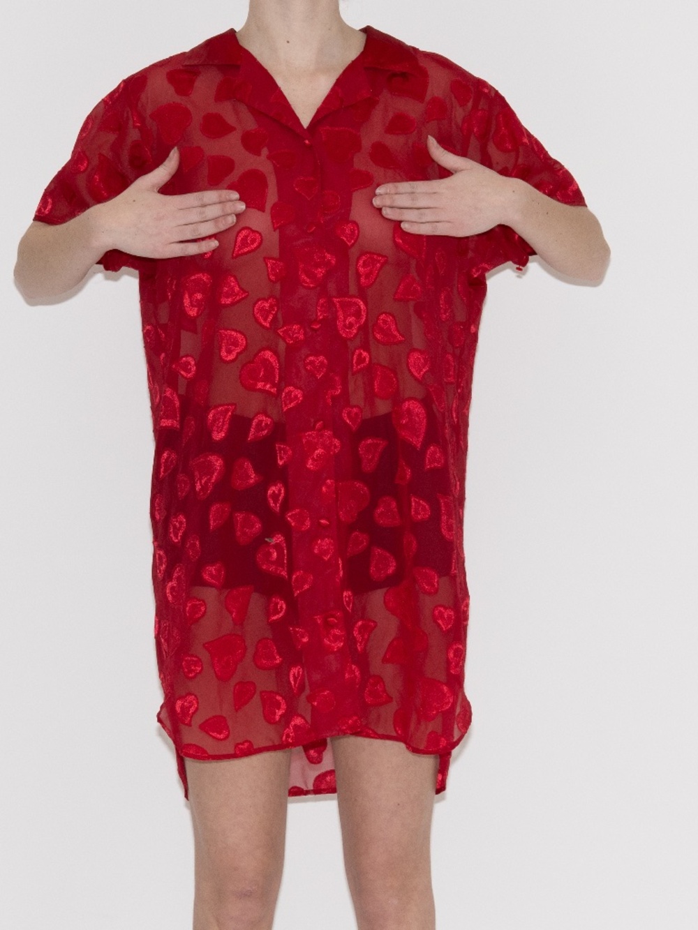 Vintage red button up mesh nightgown heart print size large sophia by delicates